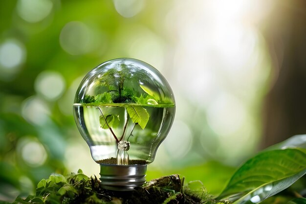 Conceptual image of light bulb on green nature energy sources from fresh leaves World Earth Day