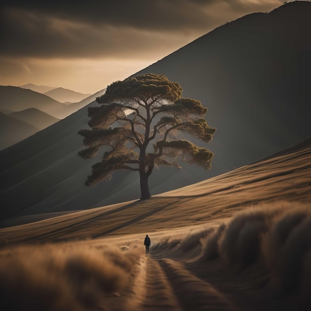 Conceptual image of a lonely man walking on a path in the hills generative ai