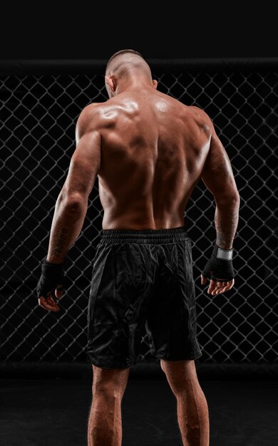 Фото Концептуальное изображение кикбоксера настоящий боец стоит в реальной клетке восьмиугольника концепция смешанных боевых искусств кикбоксинг спортивные школы смешанные средства массовой информации