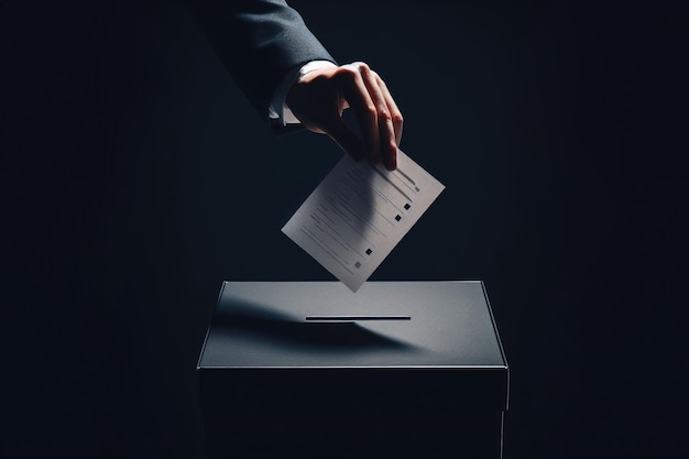 Conceptual image of a person voting during elections a mans hand throws a ballot into a ballot box dark background