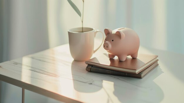 Photo a conceptual image of a piggy bank and book with a cup of coffee placed on a sleek minimalist