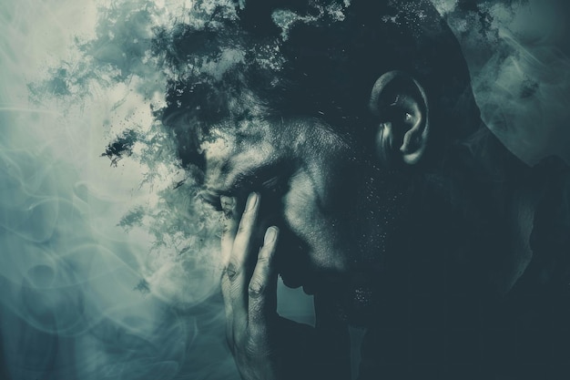 Conceptual image portraying the struggle with mental disorder through a man and disintegrating smoke