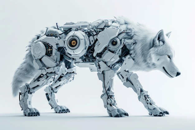 Photo conceptual image of a roboticized wolf with technological augmentations portrayed against a clean white setting generative ai