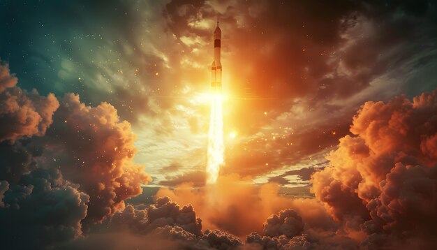 Conceptual image of a rocket that flies over the city