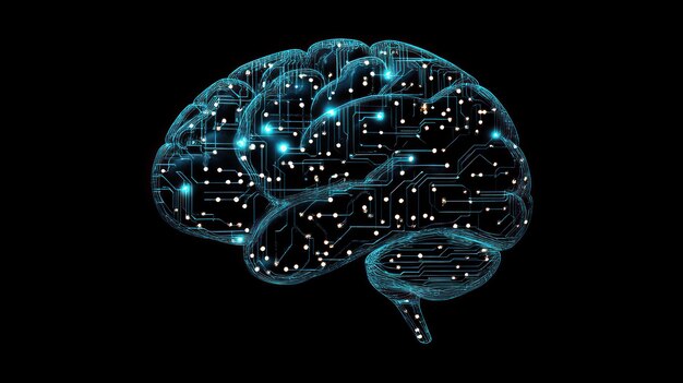 기계 학습과 인공지능의 인지적 측면을 상징하는 디지털 회로와 이진 코드로 구성된 뇌를 보여주는 개념적 이미지