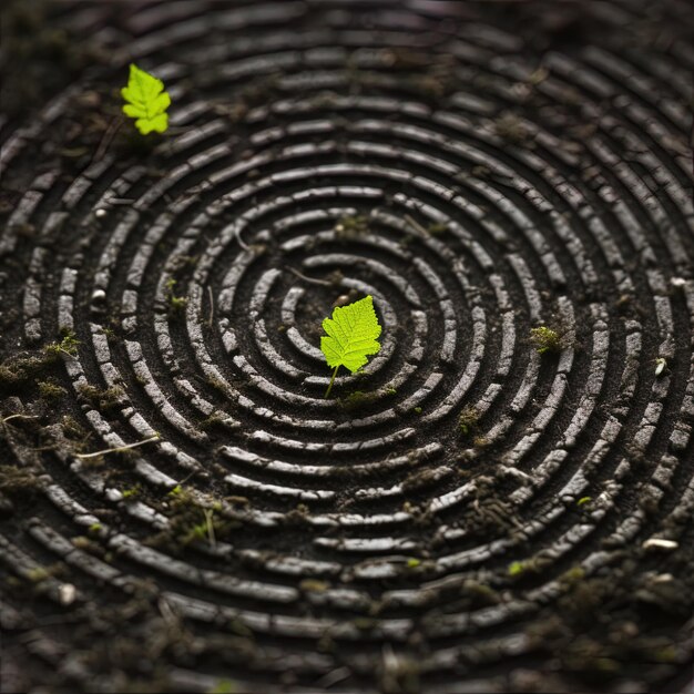 Conceptual image of a spiral on the ground with green leaves AI generative