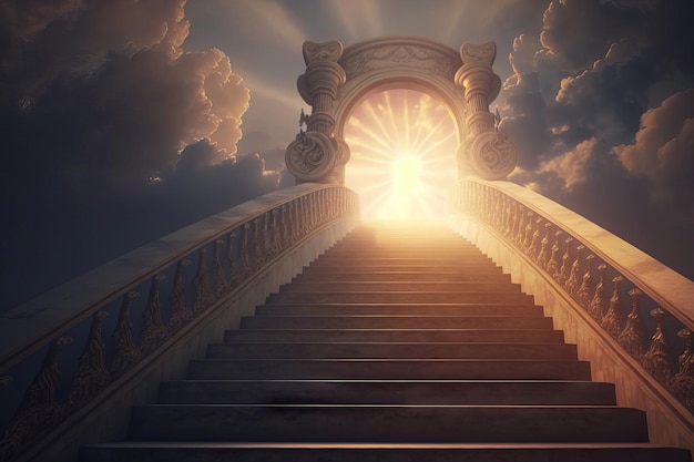 Conceptual image of stairway leading to heaven with light coming through Generative AI