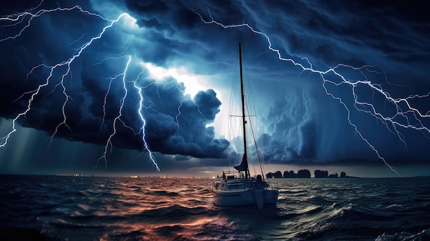 Conceptual image of stormy sky with lightning and sailing boat