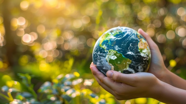 A conceptual image of Sustainable Development Goals SDGs a hand holding an earth globe against a blurred green nature background NASA supplied elements