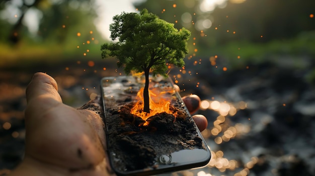 손에 든 스마트폰에서 디지털로 떠오르는 나무 바닥에서 불타는 개념적 이미지