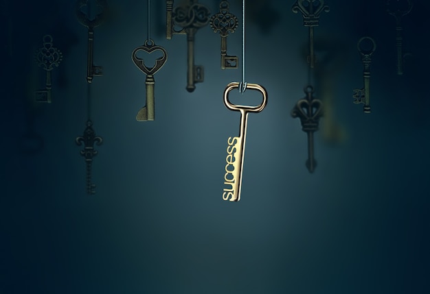 Premium Photo | A conceptual image with hanging keys and one shining key