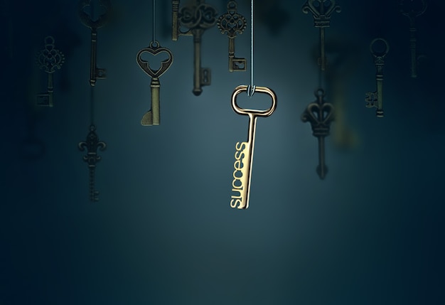 Photo a conceptual image with hanging keys and one shining key