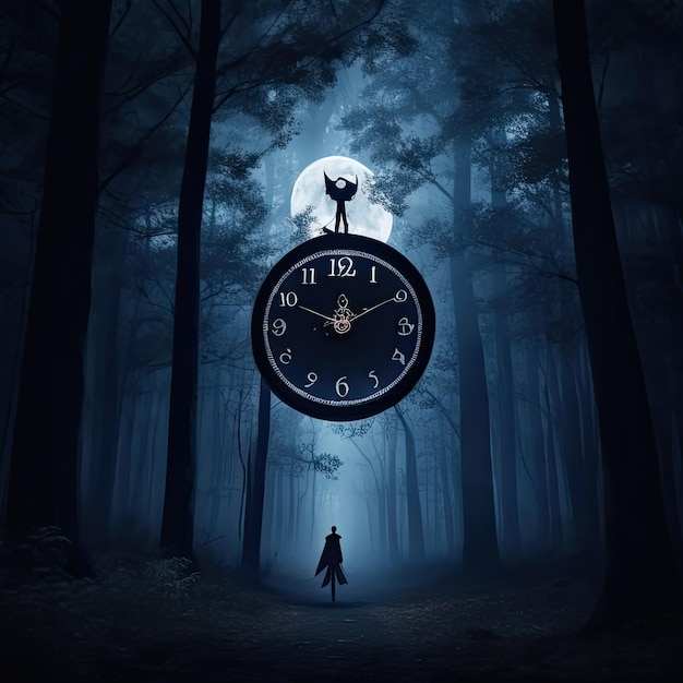 Conceptual image with a silhouette of a man standing in front of a clock in a dark forest