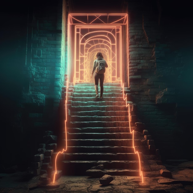 Концептуальное изображение женщины, стоящей на лестнице, ведущей к светящейся двери