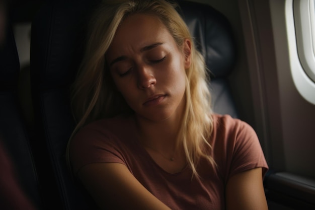 飛行機に乗っている女性の不安を象徴する概念的なイメージ