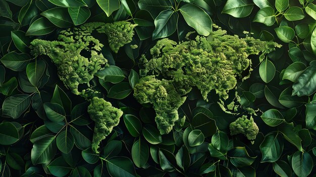 Conceptual image of a world map made from lush green leaves
