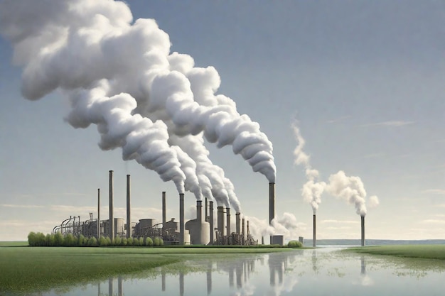Концептуальный промышленный ландшафт с дымом, выходящим из фабричных дымоходов на воде