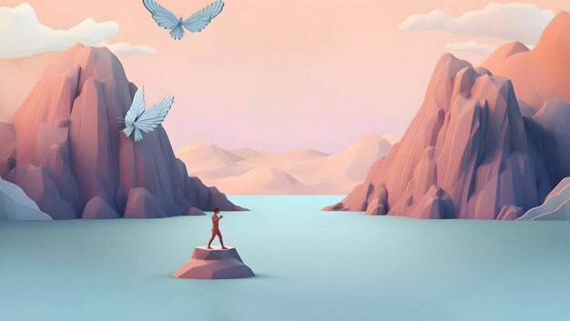 Conceptual landing page background design with mountain and river in soft pastel colors