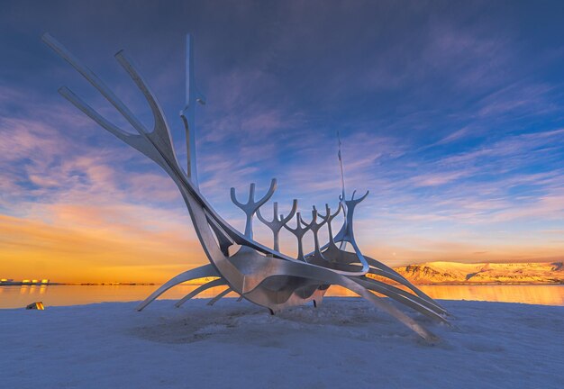 Conceptual metallic sculpture of the Viking boat of The Sun Voyager of the city of Reykjavik