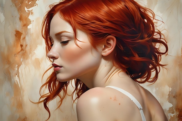 Conceptual painting portrait art of a beautiful woman with redhead among watercolor background Copy Space