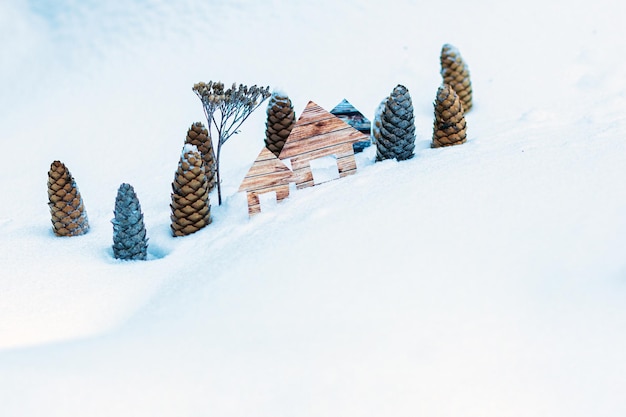 Conceptual paper houses in snow forest