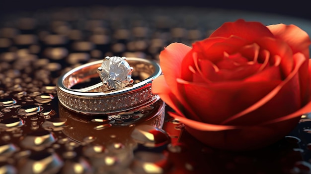 꽃이 피는 장미 위에 놓인 결혼 반지의 개념적 사진 작곡