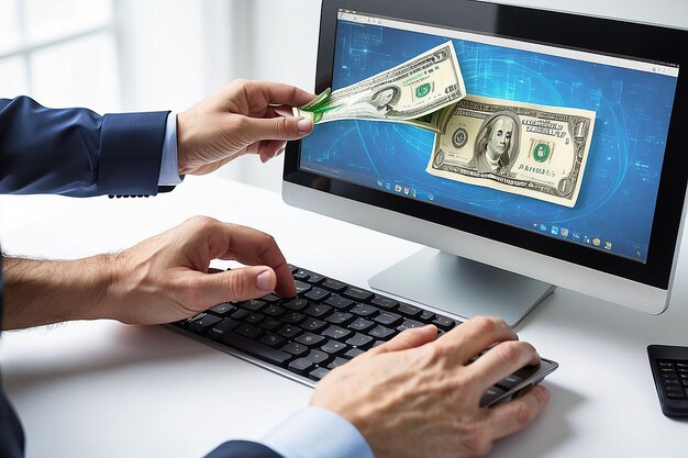 Photo conceptual photo of digital money transfer man inserting dollar banknote in the computer