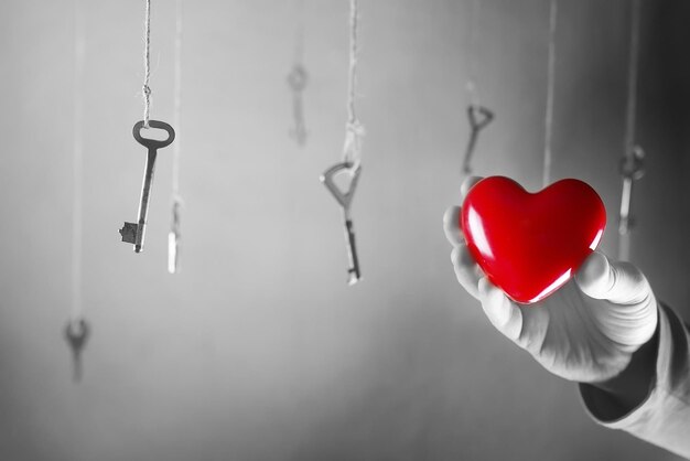 Conceptual photo hand stretching for one of the many old vintage keys hanging on threads