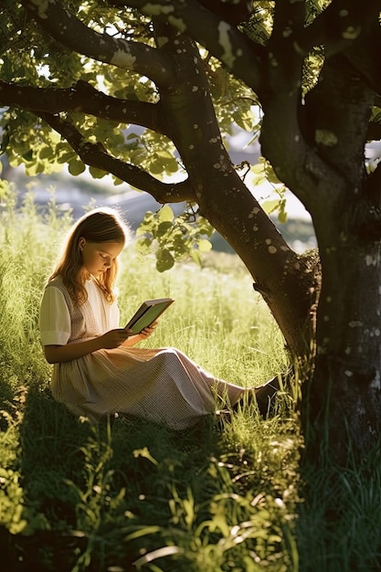 Conceptual Photography of a young girl reading under a tree