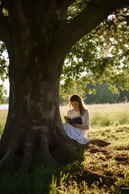 Conceptual Photography of a young girl reading under a tree