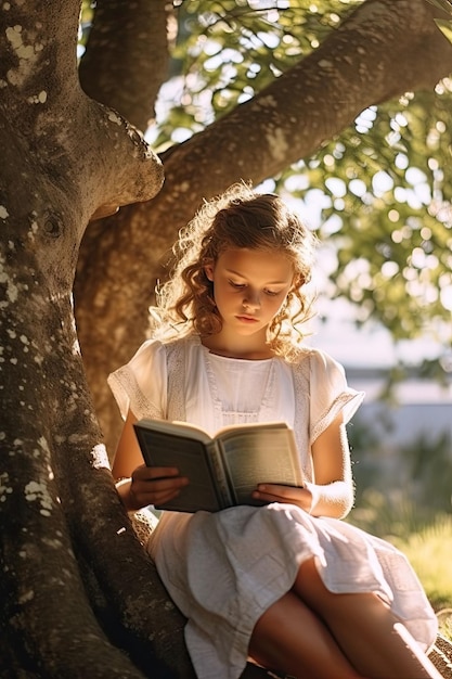 Conceptual Photography of a young girl reading under a tree