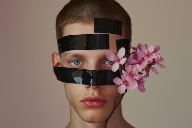 抽象的なテープデザインとピンクの花の男性モデルの概念的な肖像画