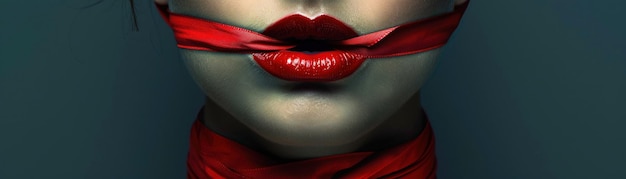 A Conceptual portrait of a womans mouth bound with red tape