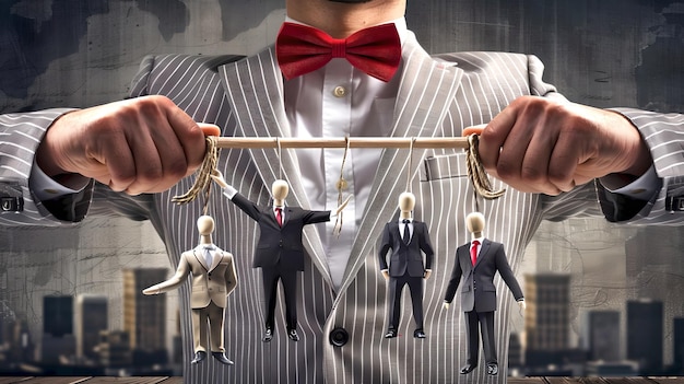 Концептуальное представление бизнес-контроля Человек в костюме, висящие фигуры на струнах, символизирующие власть и лидерство в корпоративном мире Художественная бизнес-концепция Изображение ИИ