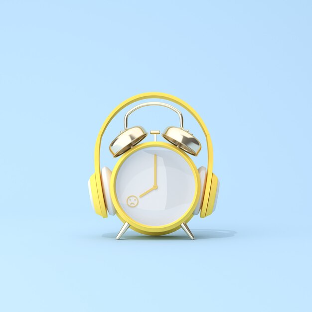 Conceptual scene of yellow alarm clock with headphone, Snooze, unhappy on working day. 3d rendering.