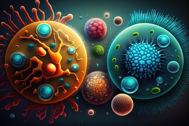 Conceptual scientific background with microscopic colorful viruses Generative AI