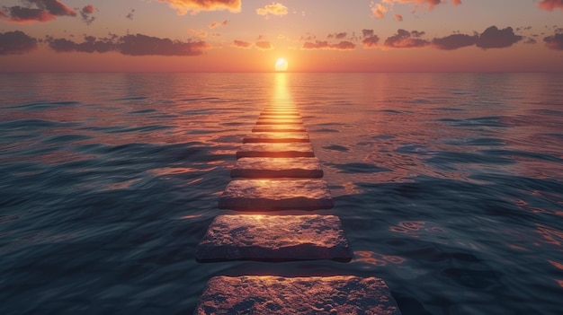 Conceptual sea sunset or sunrise background with wooden pier and sun