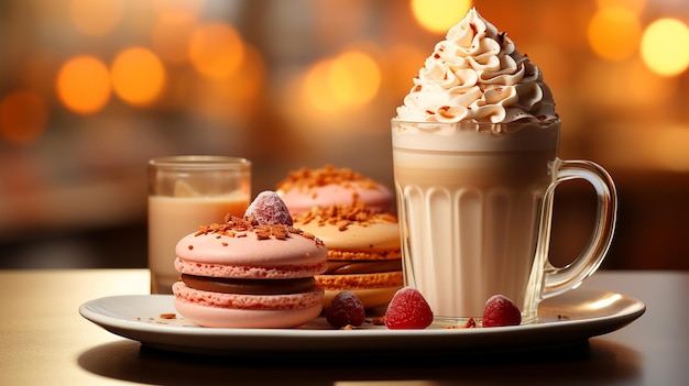 Conceptual still life with sweet dessert cakes and drinks on the table advertising banner Generated by AI