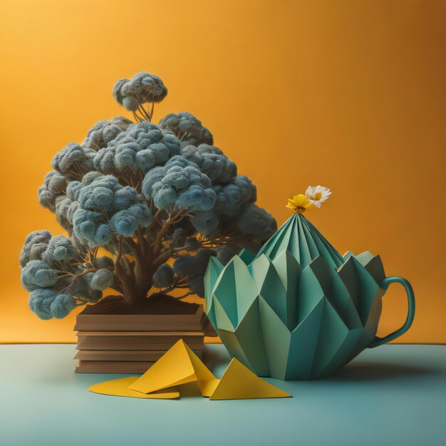 Conceptual still life with a teapot and a tree on a yellow background generative ai