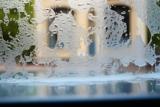 Conceptual window washing Soap foam transforms glass with its cleaning efficacy