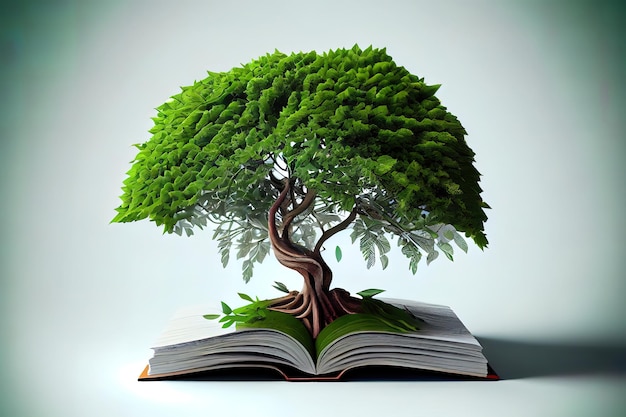 Conceptual with green tree of brain growing from book Generative Ai