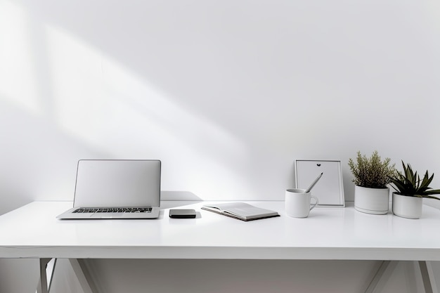 Conceptual workstation and copy space with a laptop computer with a mockup or blank screen on a white desk