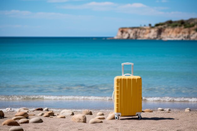 Conceptualization of travel and tourism vibrant modern suitcase with wheels on beach by the sea