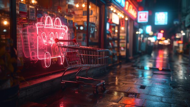 Conceptualize a neon exhibit of ecommerce symbols featuring shimmering shopping