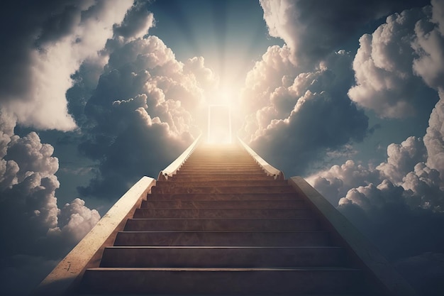 Conceptueel beeld met trappen die naar de hemel leiden met zonlicht en wolken Generatieve AI