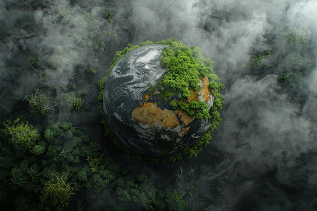 Conceptueel beeld van de aarde met de ene helft bedekt met levendig groen gebladerte dat ecologische harmonie en duurzaamheid vertegenwoordigt