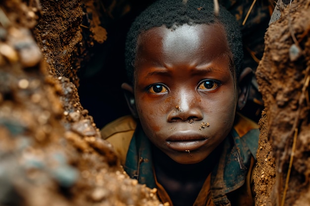 Conceptueel beeld van een Afrikaans kind dat lijdt onder onmenselijke mijnbouwomstandigheden Kobaltmijnbouw