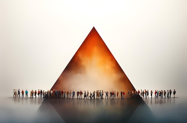 Conceptueel beeld van een grote groep mensen voor een piramide