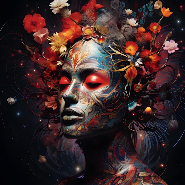Conceptueel beeld van het hoofd van een vrouw met kleurrijke bloemen herfstbladeren geestelijke gezondheid universum binnen