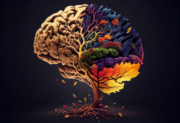 Conceptueel beeld van het menselijk brein gemaakt van kleurrijke herfstbladeren generatieve ai